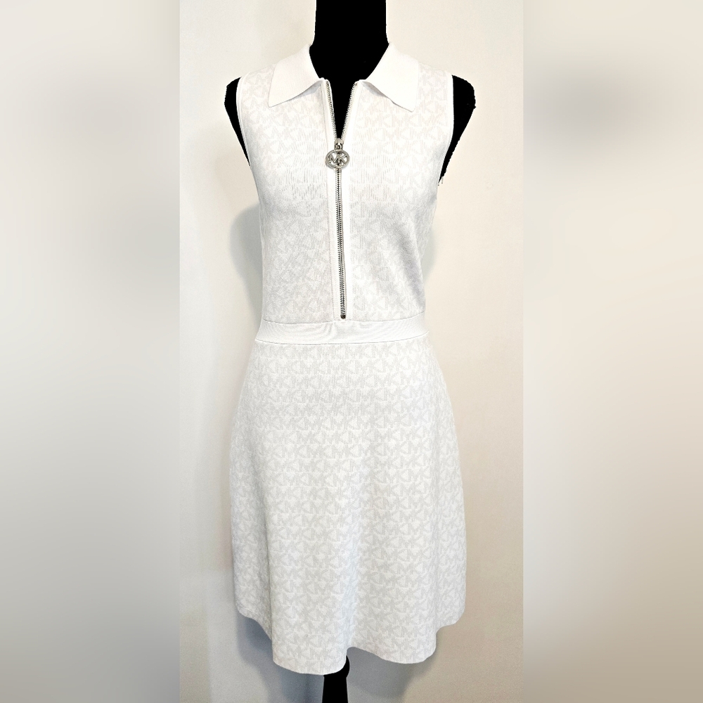 Michael Kors White Logo Knit Dress NWT Zip Front Sleeveless Size S Resort Wear